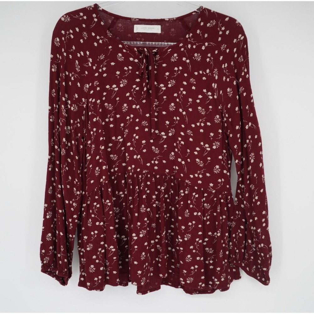 Lucky Brand Burgundy Floral Peplum Top Long Sleeve Maroon Small Cottagecore boho